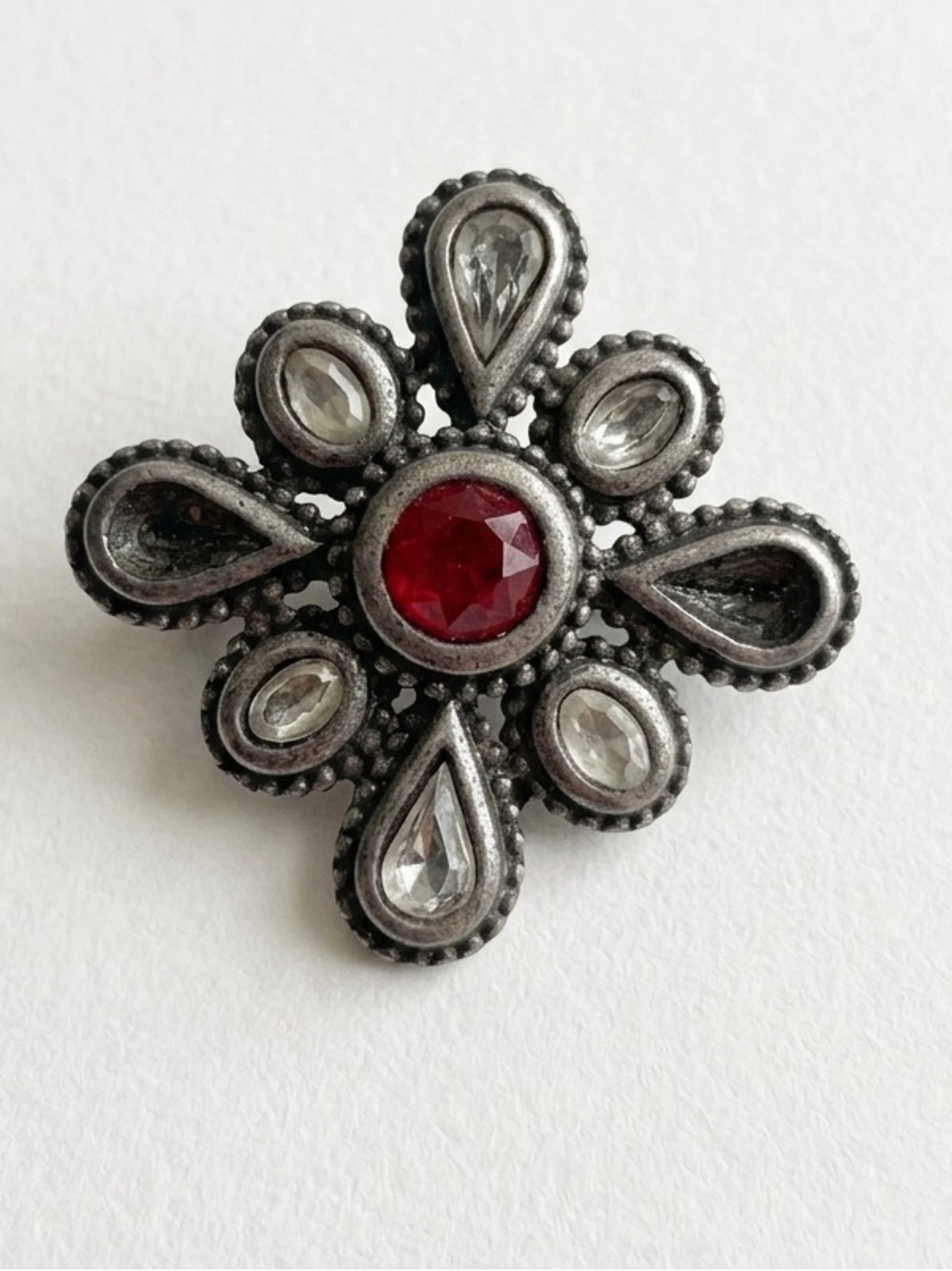 Vintage Faux Ruby Silver Tone Gothic Cross Brooch AS IS